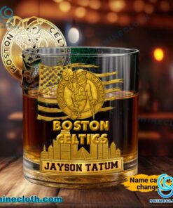 Boston Celtics American Flag City Skyline Personalized Whiskey Glass RJ03lvM