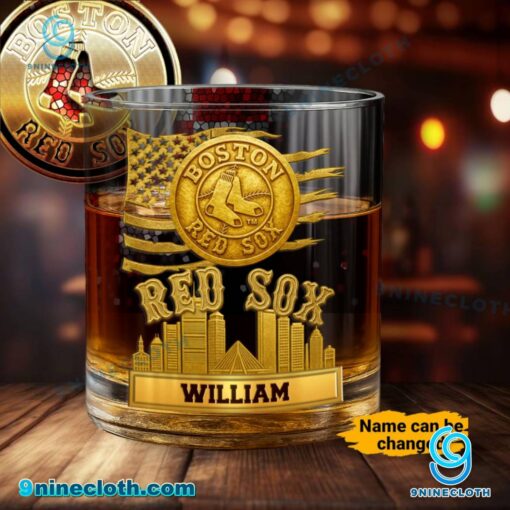 Boston Red Sox American Flag City Skyline Personalized Whiskey Glass 7OVFUAB