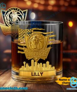 Dallas Mavericks American Flag City Skyline Personalized Whiskey Glass J2SLKw9