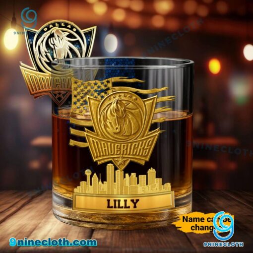 Dallas Mavericks American Flag City Skyline Personalized Whiskey Glass J2SLKw9