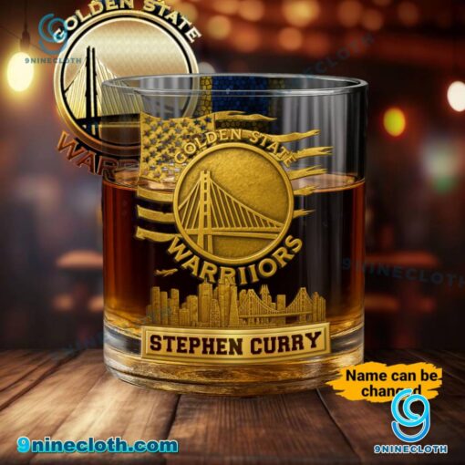 Golden State Warriors American Flag City Skyline Personalized Whiskey Glass moLTOrg