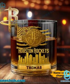 Houston Rockets American Flag City Skyline Personalized Whiskey Glass wuDkIpz