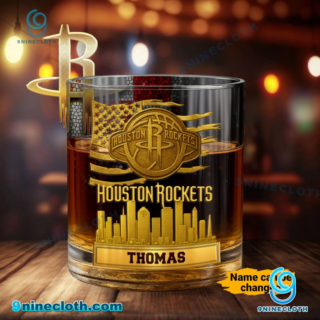 Houston Rockets American Flag City Skyline Personalized Whiskey Glass wuDkIpz