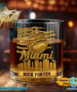 Miami Marlins American Flag City Skyline Personalized Whiskey Glass jB47C5Y