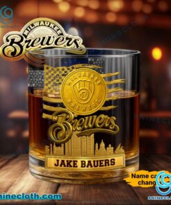 Milwaukee Brewers American Flag City Skyline Personalized Whiskey Glass i7hvm9R