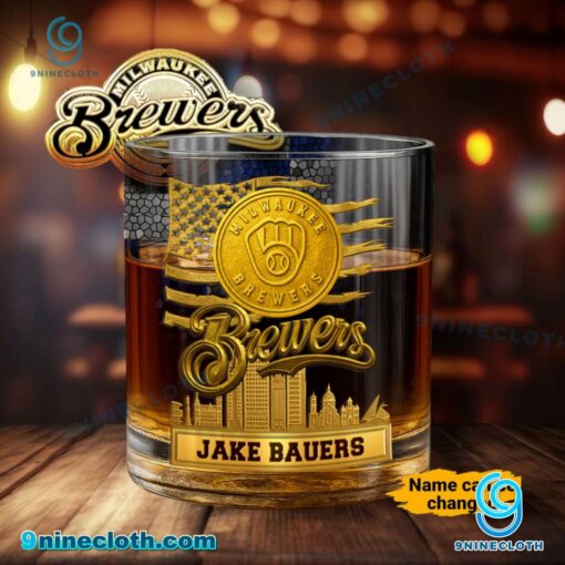 Milwaukee Brewers American Flag City Skyline Personalized Whiskey Glass i7hvm9R