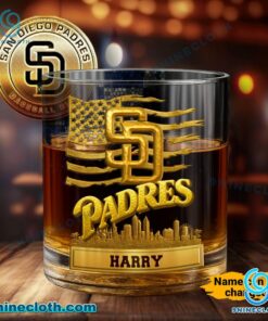 San Diego Padres American Flag City Skyline Personalized Whiskey Glass Q60m9u7