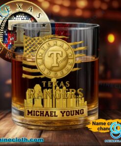 Texas Rangers American Flag City Skyline Personalized Whiskey Glass jIJnlEv