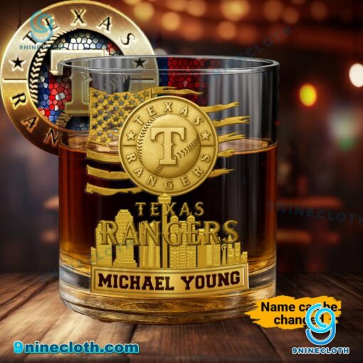 Texas Rangers American Flag City Skyline Personalized Whiskey Glass jIJnlEv