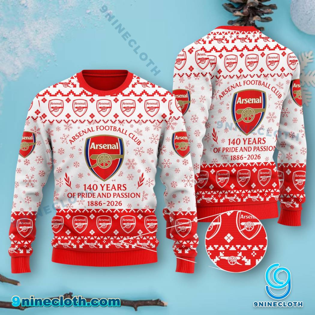 Arsenal FC 140 Years Of Pride And Passion 1886-2026 Ugly Christmas Sweater 6JC4sdG