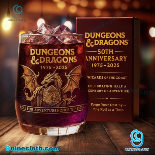 Dungeons & Dragons 1975-2025 Roll For Adventure Honor The Legend Whiskey Glass QSVA2Ys