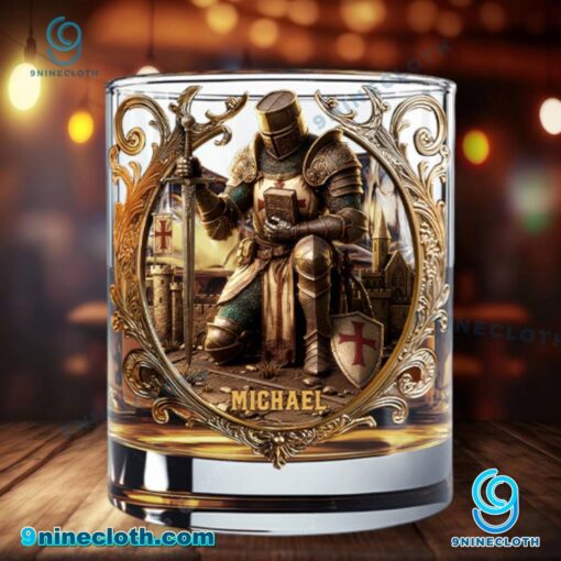 Kneeling Crusader Knight With Sword And Bible Personalized Whiskey Glass TXNSRdh