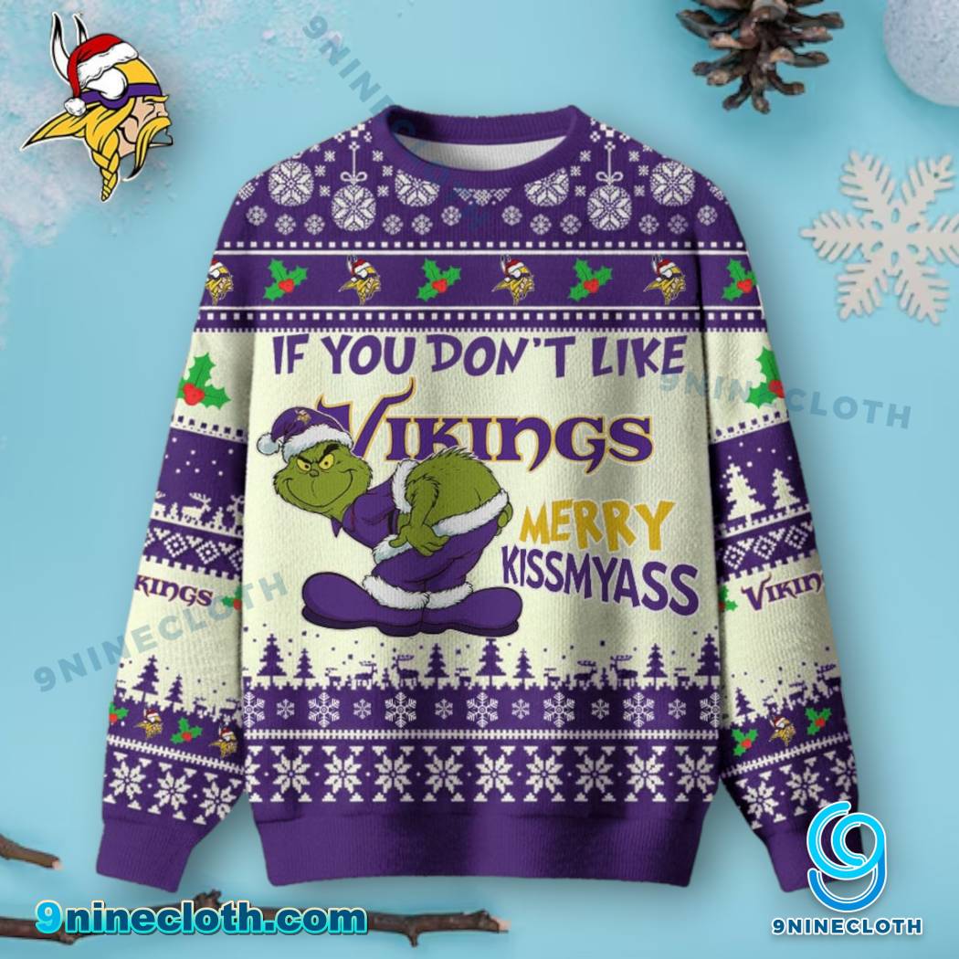 Minnesota Vikings Grinch Merry Kissmyass Ugly Christmas Sweater rnzoBgy